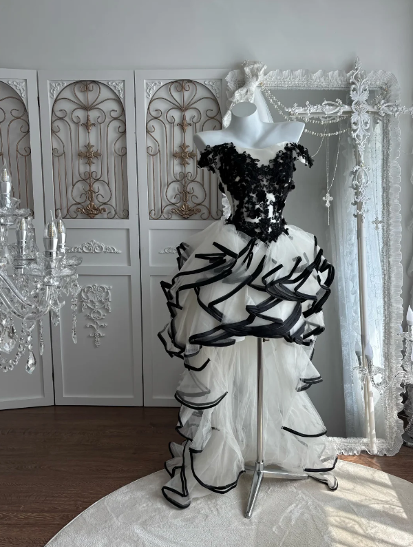 Glam Black & White Off-The-Shoulder A Line Short Homecoming Dress With Floral Lace Appliques, Voluminous Skirt & Trailing Train AS670