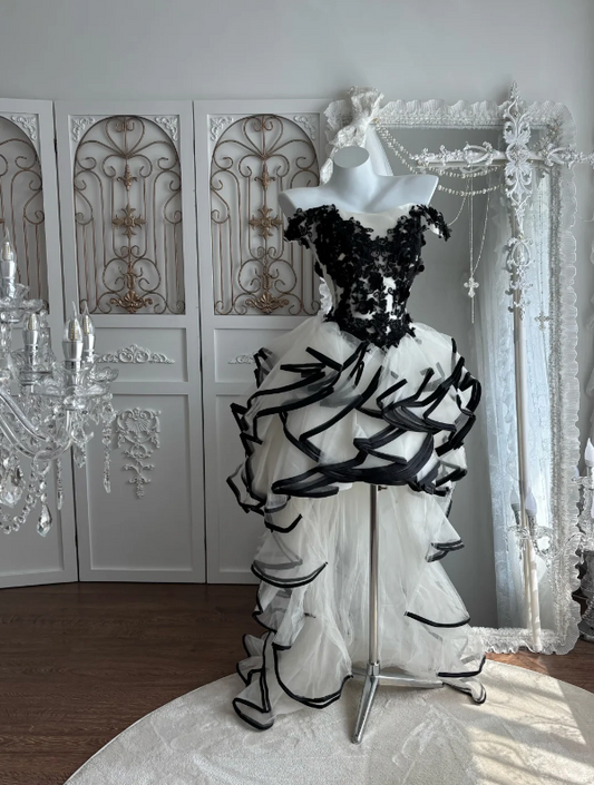 Glam Black & White Off-The-Shoulder A Line Short Homecoming Dress With Floral Lace Appliques, Voluminous Skirt & Trailing Train AS670
