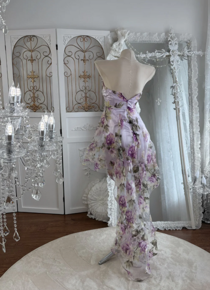 Romantic Lavender Floral Sweetheart A Line Beaded Short Homecoming Dress With High-Low Trailing Skirt AS671