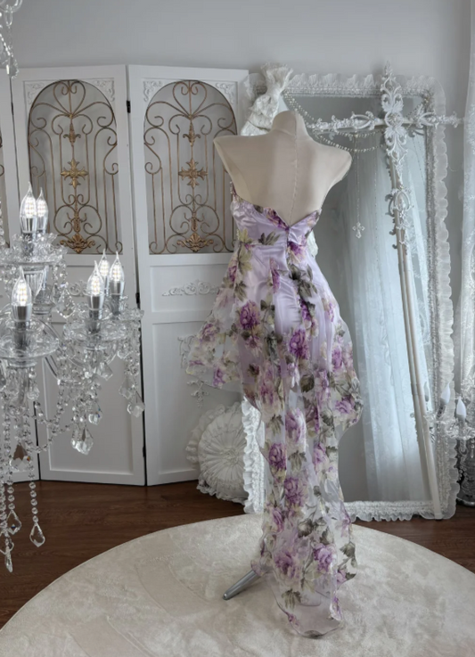 Romantic Lavender Floral Sweetheart A Line Beaded Short Homecoming Dress With High-Low Trailing Skirt AS671