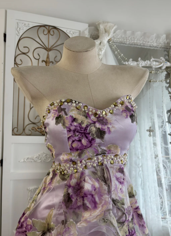 Romantic Lavender Floral Sweetheart A Line Beaded Short Homecoming Dress With High-Low Trailing Skirt AS671