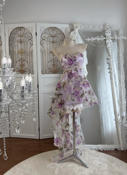 Romantic Lavender Floral Sweetheart A Line Beaded Short Homecoming Dress With High-Low Trailing Skirt AS671