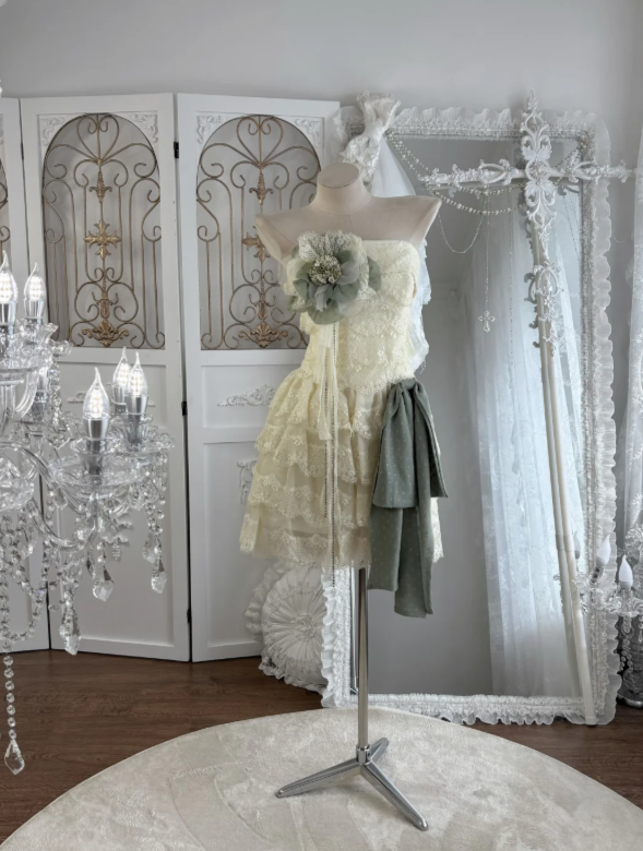 Delicate Ivory Strapless A Line Short Homecoming Dress With Tiered Lace Skirt & Green Floral Detail AS672