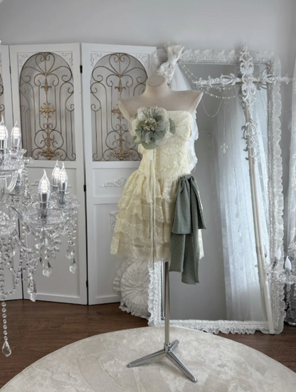 Delicate Ivory Strapless A Line Short Homecoming Dress With Tiered Lace Skirt & Green Floral Detail AS672