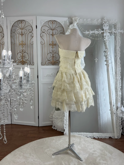 Delicate Ivory Strapless A Line Short Homecoming Dress With Tiered Lace Skirt & Green Floral Detail AS672
