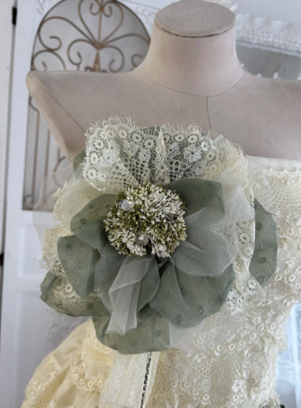 Delicate Ivory Strapless A Line Short Homecoming Dress With Tiered Lace Skirt & Green Floral Detail AS672