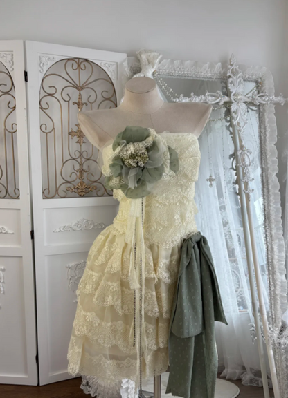 Delicate Ivory Strapless A Line Short Homecoming Dress With Tiered Lace Skirt & Green Floral Detail AS672