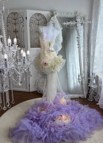 Dreamy Ivory Spaghetti Straps Bodycon Short Homecoming Dress With Oversized Floral Skirt & Purple Train AS673