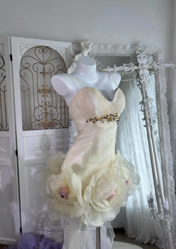 Dreamy Ivory Spaghetti Straps Bodycon Short Homecoming Dress With Oversized Floral Skirt & Purple Train AS673