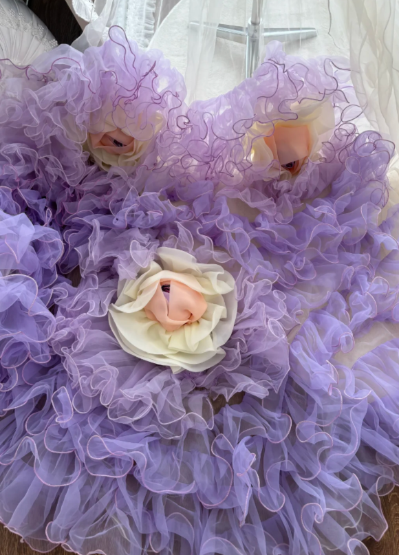Dreamy Ivory Spaghetti Straps Bodycon Short Homecoming Dress With Oversized Floral Skirt & Purple Train AS673