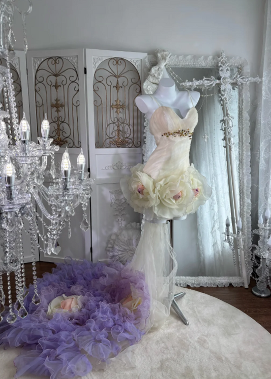 Dreamy Ivory Spaghetti Straps Bodycon Short Homecoming Dress With Oversized Floral Skirt & Purple Train AS673