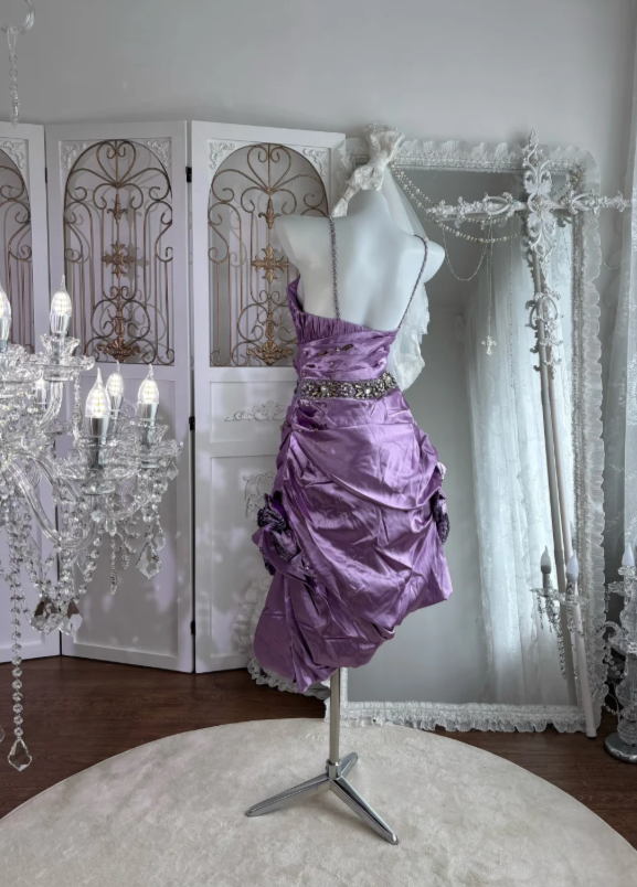 Vintage Lavender Spaghetti Straps Beaded Bodycon Short Homecoming Dress With Ruched Skirt AS674