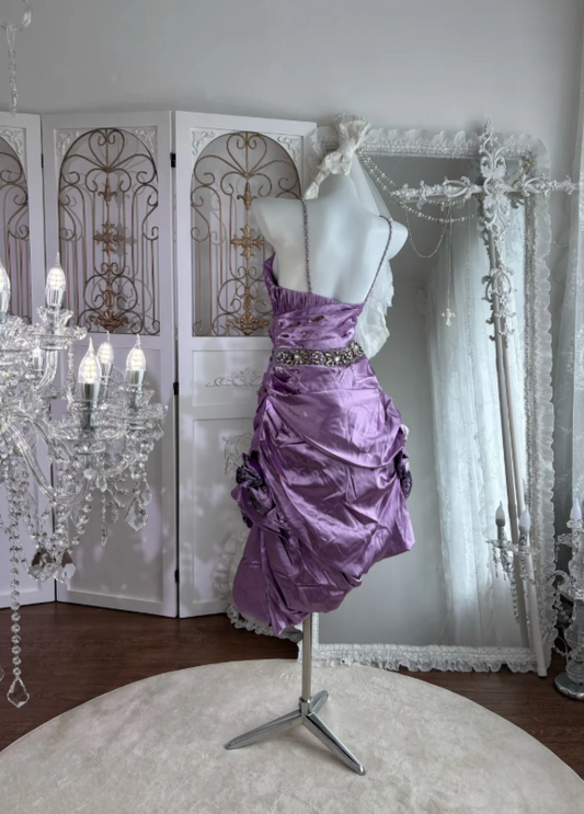Vintage Lavender Spaghetti Straps Beaded Bodycon Short Homecoming Dress With Ruched Skirt AS674
