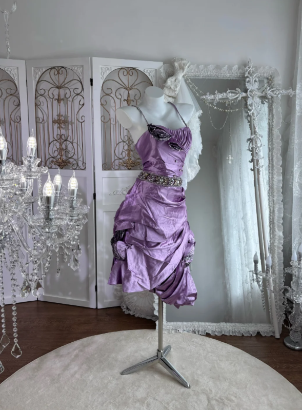 Vintage Lavender Spaghetti Straps Beaded Bodycon Short Homecoming Dress With Ruched Skirt AS674