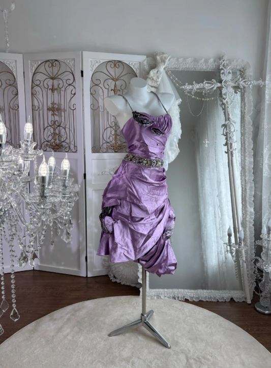 Vintage Lavender Spaghetti Straps Beaded Bodycon Short Homecoming Dress With Ruched Skirt AS674