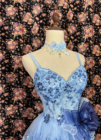 Delicate Blue Spaghetti Straps A-Line Short Tiered Skirt Homecoming Dress With Sequin Applique &Tulle Bow AS676