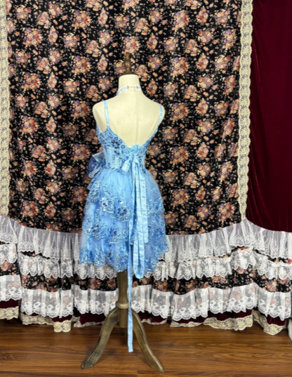 Delicate Blue Spaghetti Straps A-Line Short Tiered Skirt Homecoming Dress With Sequin Applique &Tulle Bow AS676