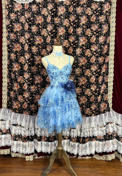 Delicate Blue Spaghetti Straps A-Line Short Tiered Skirt Homecoming Dress With Sequin Applique &Tulle Bow AS676
