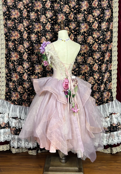 Whimsical Blush Pink One-Shoulder A-Line Midi Homecoming Dress With 3D Floral Appliques & Ruffled Organza Skirt AS680