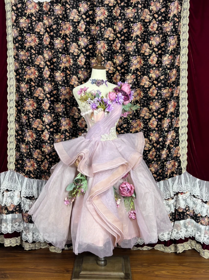 Whimsical Blush Pink One-Shoulder A-Line Midi Homecoming Dress With 3D Floral Appliques & Ruffled Organza Skirt AS680