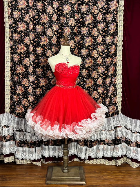 Vibrant Red Strapless Beaded A Line Short Homecoming Dress With Floral Applique & Ombre Ruffle Hem AS681