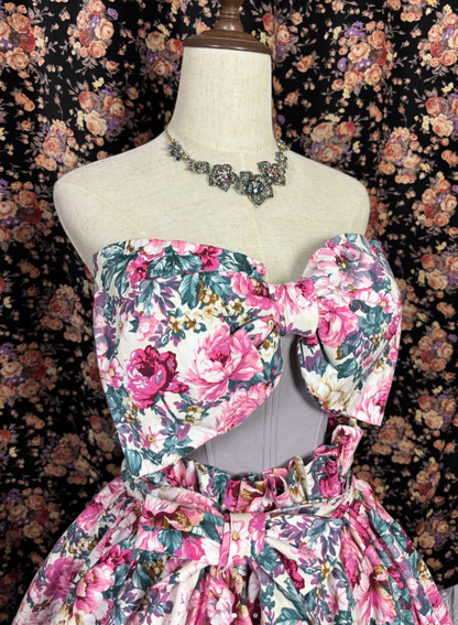 Vintage Floral Print Strapless A Line Short Homecoming Dress With Sweetheart Bow Bodice AS682