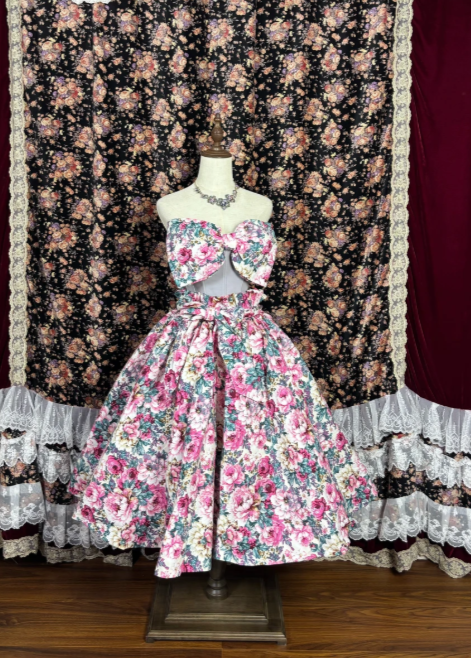 Vintage Floral Print Strapless A Line Short Homecoming Dress With Sweetheart Bow Bodice AS682