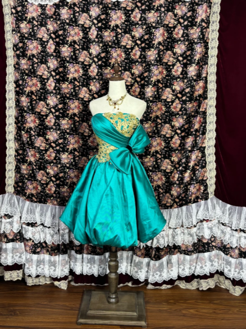 Regal Teal Strapless A Line Short Homecoming Dress With Gold Lace Applique Overlay & Bow Detail AS683