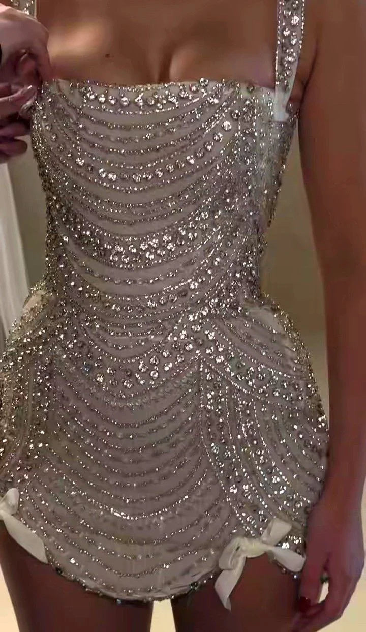 Glitter Champagne Square Neck Straps Beaded Bodycon Mini Homecoming Dress With Bow Detail AS685