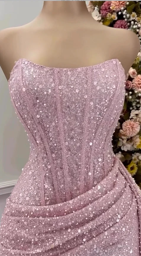 Glitter Pink Strapless Bodycon Short Sequin Homecoming Dresses AS686