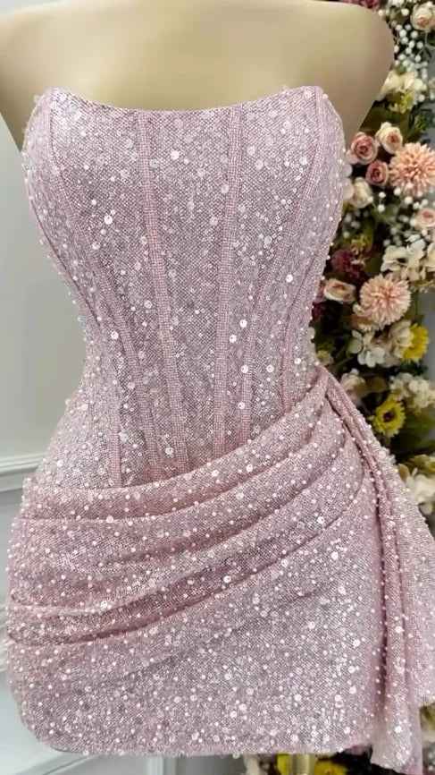 Glitter Pink Strapless Bodycon Short Sequin Homecoming Dresses AS686