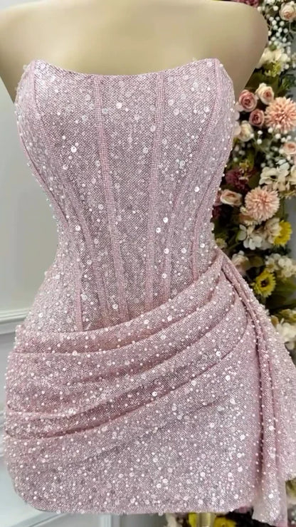 Glitter Pink Strapless Bodycon Short Sequin Homecoming Dresses AS686
