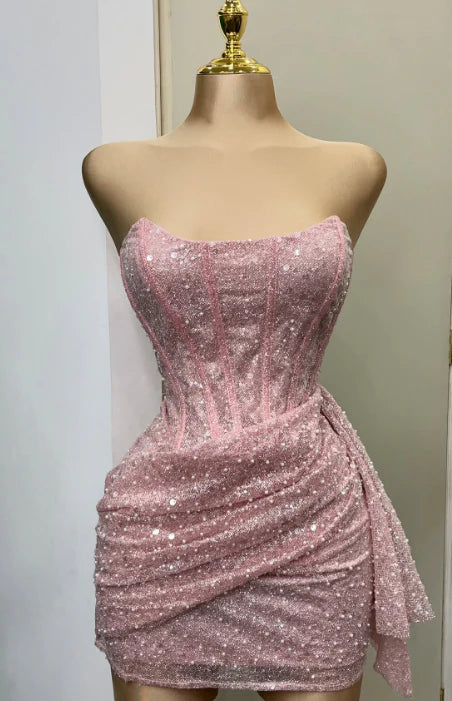 Glitter Pink Strapless Bodycon Short Sequin Homecoming Dresses AS686