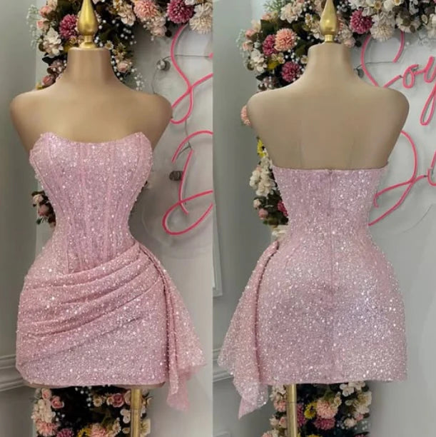 Glitter Pink Strapless Bodycon Short Sequin Homecoming Dresses AS686