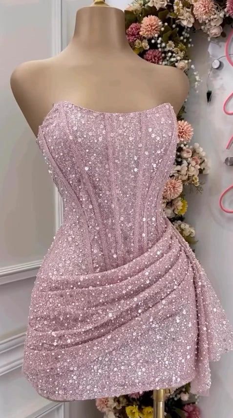 Glitter Pink Strapless Bodycon Short Sequin Homecoming Dresses AS686