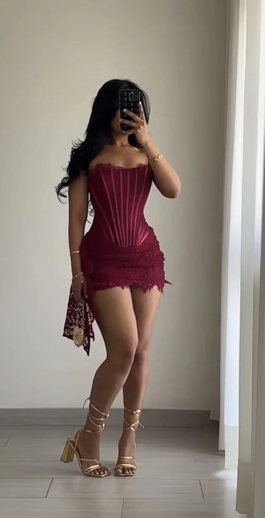 Glam Burgundy Strapless Corset Bodice Mini Homecoming Dress With Lace Overlay AS687