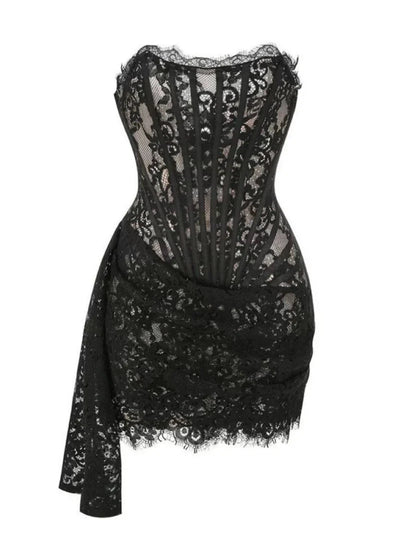 Delicate White Strapless Corset Bodice Mini Dress With Lace Overlay & Side Drape AS688