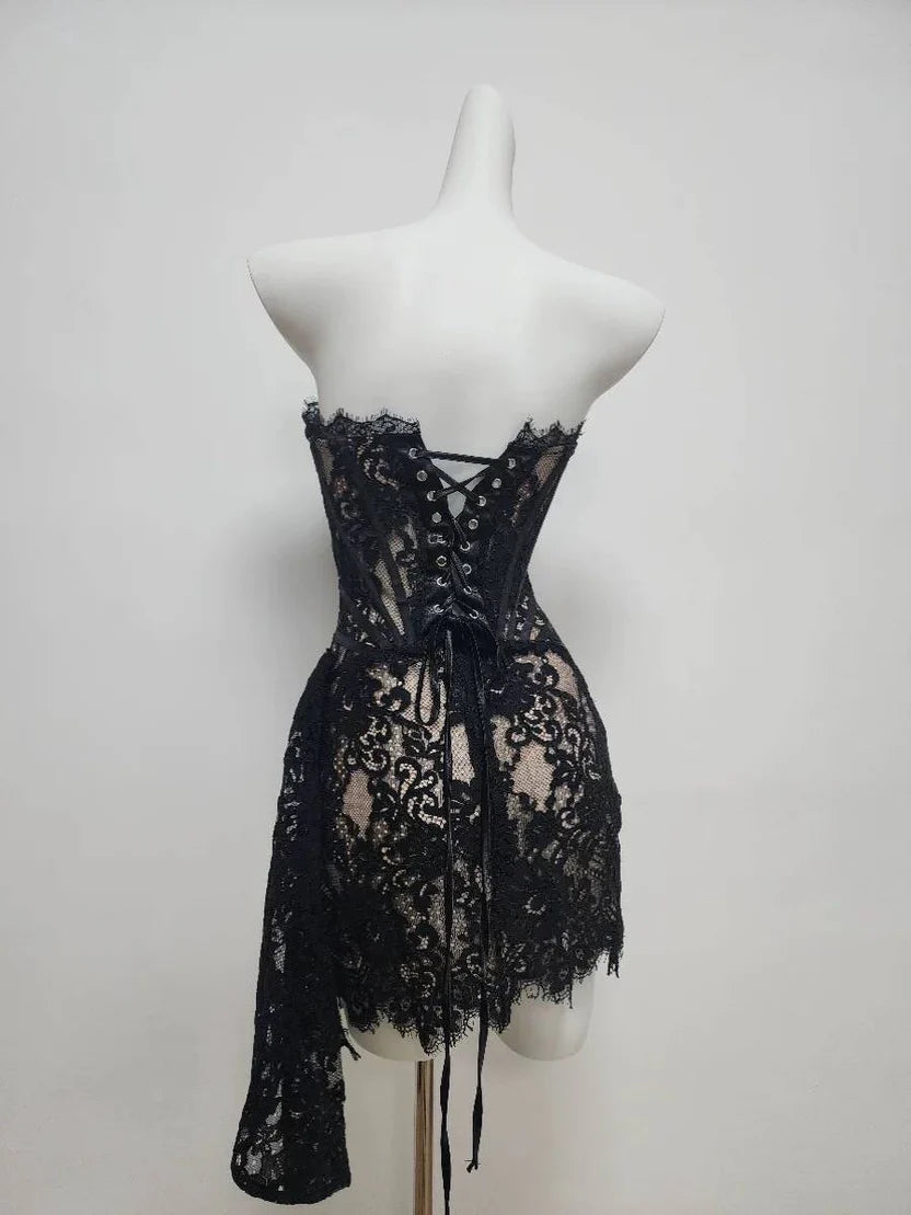 Delicate White Strapless Corset Bodice Mini Dress With Lace Overlay & Side Drape AS688
