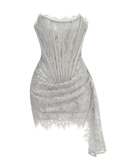Delicate White Strapless Corset Bodice Mini Dress With Lace Overlay & Side Drape AS688