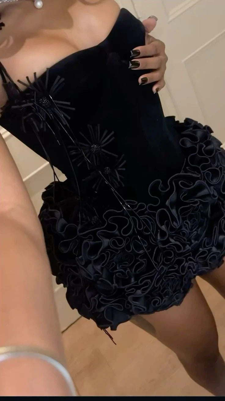 Opulent Black Halter Sheath Mini Homecoming Dress With Ruffled Satin Skirt AS691