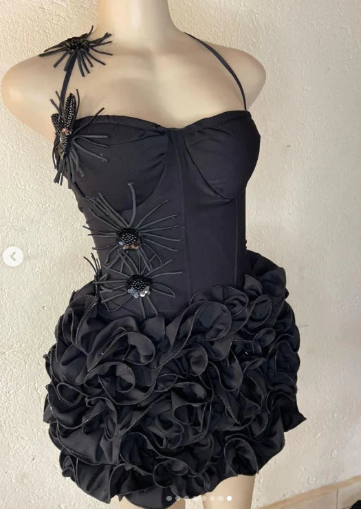 Opulent Black Halter Sheath Mini Homecoming Dress With Ruffled Satin Skirt AS691