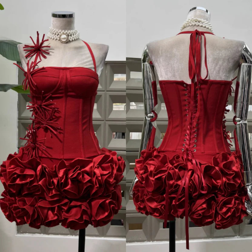 Opulent Black Halter Sheath Mini Homecoming Dress With Ruffled Satin Skirt AS691