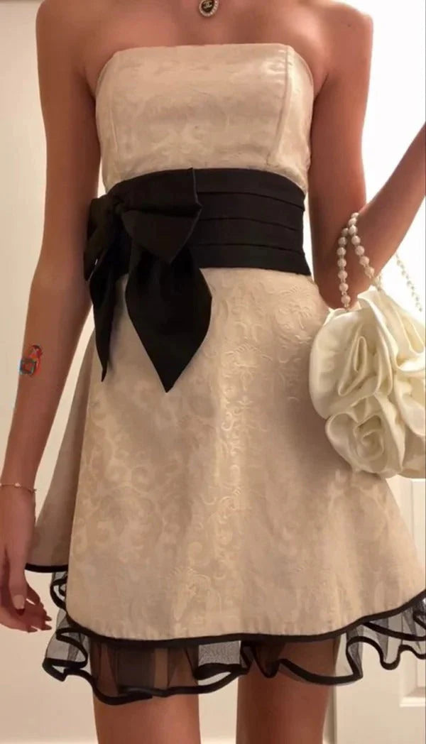 Cute Champagne Strapless A Line Short Homecoming Dress With Black Bow Detail AS692