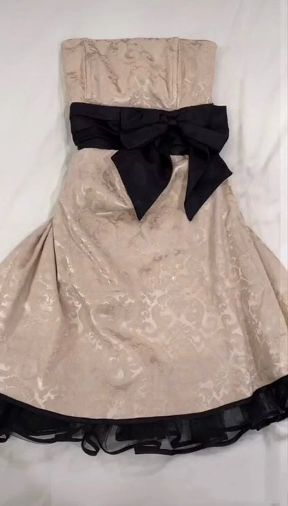 Cute Champagne Strapless A Line Short Homecoming Dress With Black Bow Detail AS692