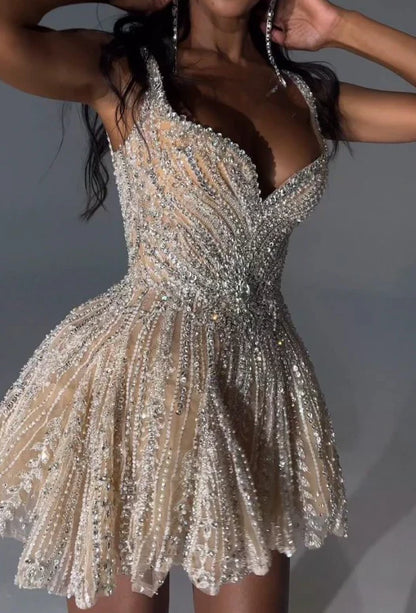 Gorgeous Champagne Straps Beaded A Line Short Homecoming Dress AS694
