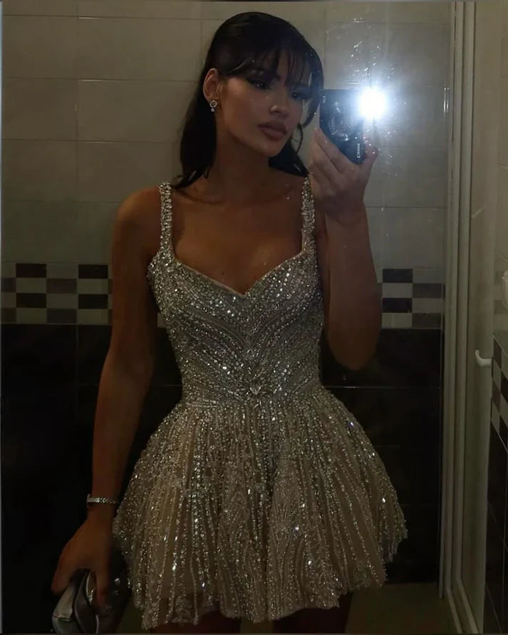 Gorgeous Champagne Straps Beaded A Line Short Homecoming Dress AS694