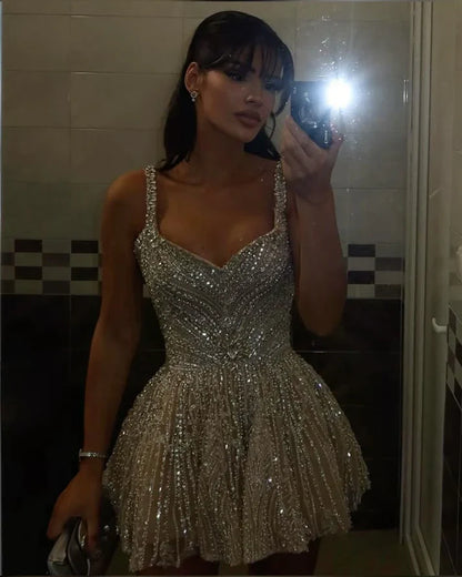 Gorgeous Champagne Straps Beaded A Line Short Homecoming Dress AS694