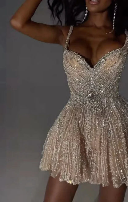 Gorgeous Champagne Straps Beaded A Line Short Homecoming Dress AS694