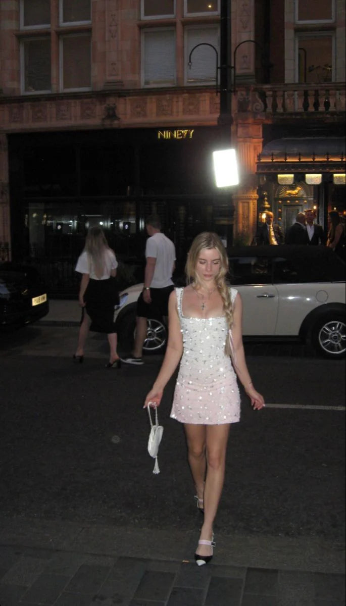 Gorgeous Blush Pink Sheath Square Neck Straps Sequin Beaded Short Homecoming Dress AS696