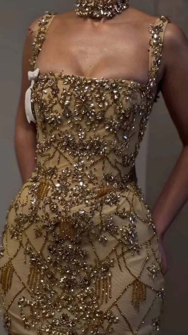 Luxurious Gold Square Neck Straps Beaded Bodycon Mini Homecoming Dress AS698